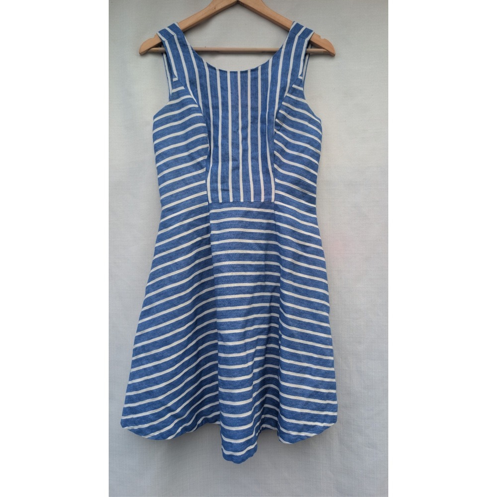 Vineyard Vines Striped Dress Womens 4 Blue White Linen Cotton Cross Back Flare